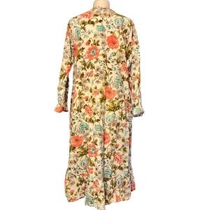 Ella Simone Maxi Dress Floral Print Long Sleeve Ruffle White Coral Blue Size L